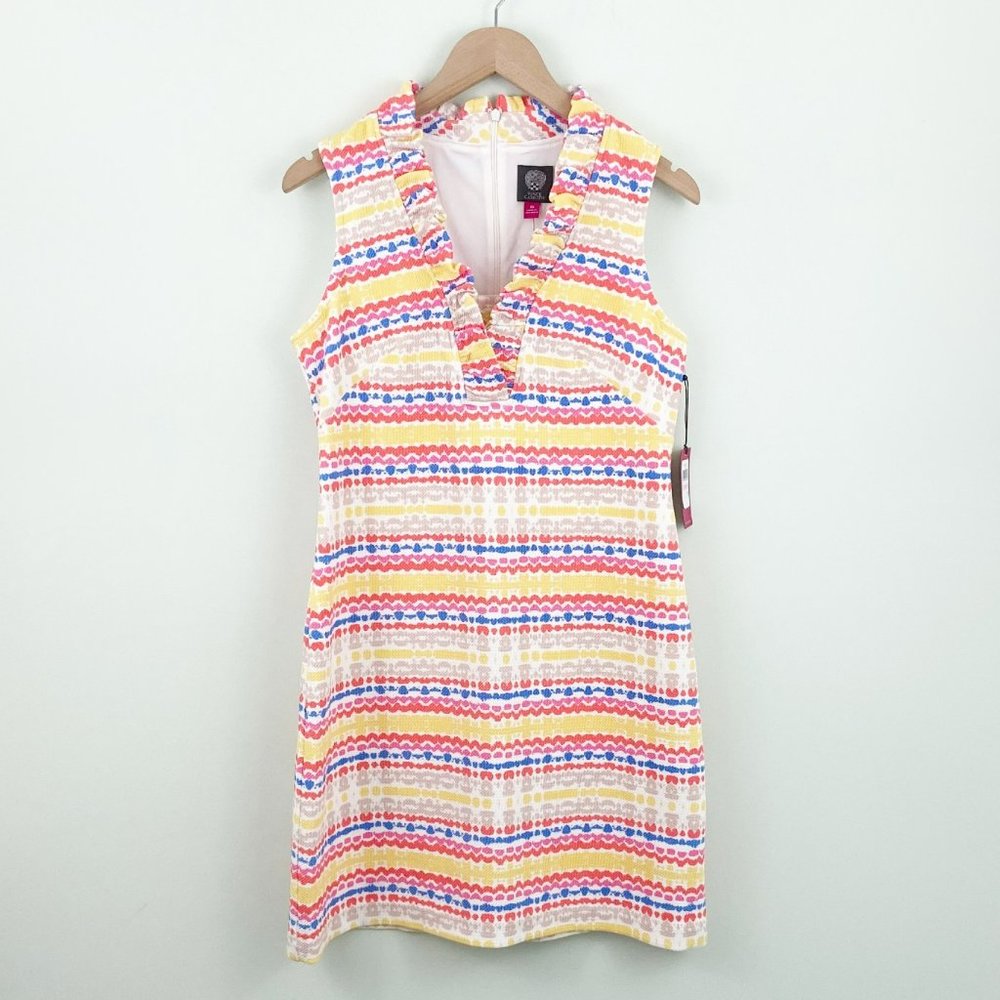 Vince Camuto | Striped Sleeveless Ruffle V-Neck Mini Shift Dress 10 Medium